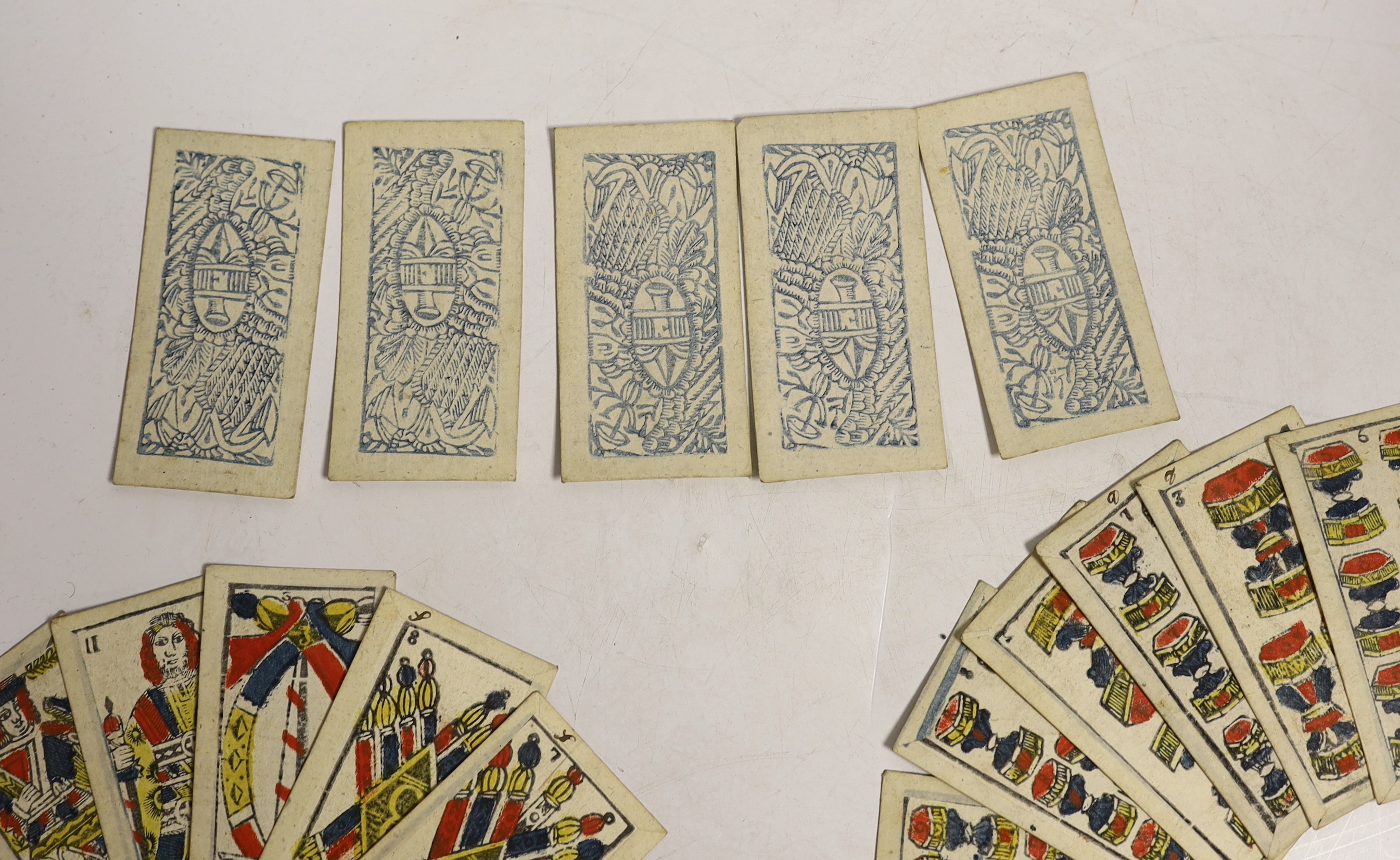 A set of 19th century hand-coloured playing cards, 52 total